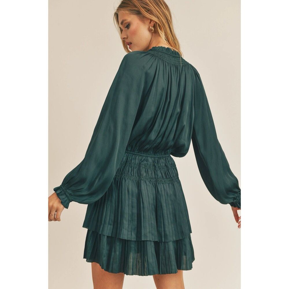 Reset By Jane Women Lana Dress in Teal Blue Size S Long Sleeves Pleated Feminine - Picture 2 of 13